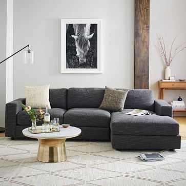 Urban Set 1: Left Arm 66.5" Sofa, Right Arm Chaise, Herringbone Faux Suede, Charcoal, Down Fill - Image 3