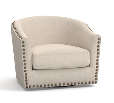 Harlow Upholstered Swivel Armchair with Bronze Nailheads, Polyester Wrapped Cushions, Brushed Canvas Natural - Image 2
