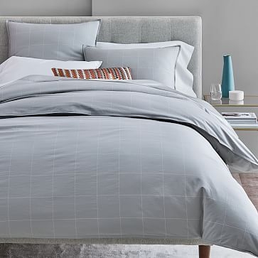 Organic Washed Cotton Windowpane Duvet Cover, Full/Queen, White/Midnight - Image 3