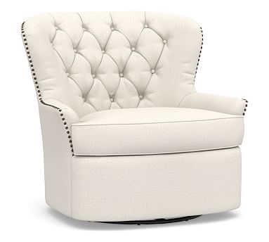 Cardiff Tufted Upholstered Swivel Armchair with Nailheads, Polyester Wrapped Cushions,, Performance Heathered Tweed Ivory - Image 0