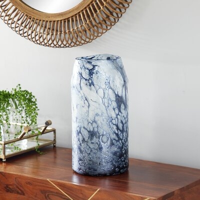 Cylindrical Bubble Texture Blue Glass Vase, 8" X 12 - Image 0