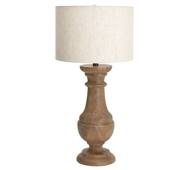 Finn Turned Wood Table Lamp, Wood Base with Medium Straight Sided Linen Drum Shade, Flax Linen - Image 4