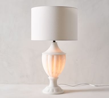 Noah Trophy Table Lamp, Faux Alabaster Base With Medium Gallery Straight Sided Linen Drum Shade, White - Image 3