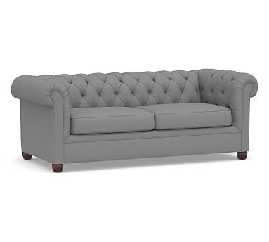 Chesterfield Roll Arm Upholstered Sofa 88", Polyester Wrapped Cushions, Textured Twill Light Gray - Image 0