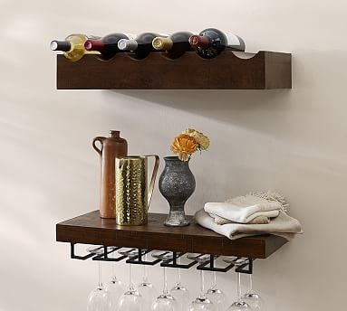 Rustic Wood Entertaining Set, Wine Bottle and Wine Glass Shelves, Mahogany finish - Image 0