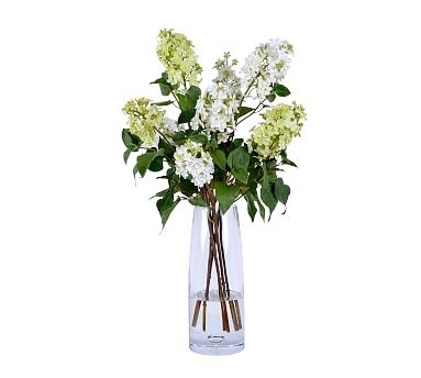 Faux White Lilacs In Tall Glass Vase, 27" - Image 0