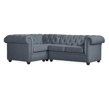 Chesterfield Upholstered Right Arm 3-Piece Corner Sectional, Polyester Wrapped Cushions, Brushed Canvas Harbor Blue - Image 0