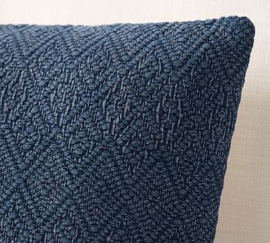 Washed Linen Diamond Lumbar Pillow Cover, 16 x 26", Sailor Blue - Image 2