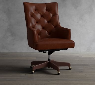 Radcliffe Tufted Leather Swivel Desk Chair, Rustic Brown Base, Burnished Bourbon - Image 1