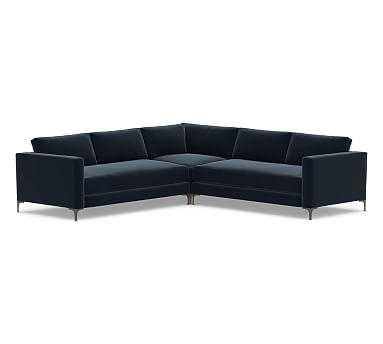 Jake Upholstered 3-Piece L-Shaped Corner Sectional with Bronze Legs, Polyester Wrapped Cushions, Performance Plush Velvet Navy - Image 1