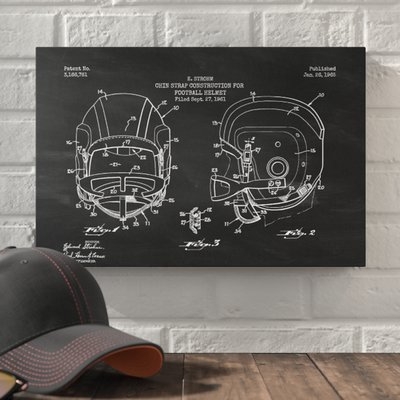 'Football Helmet Blueprint Chalkboard Patent' Graphic Art Print on Canvas - Image 0