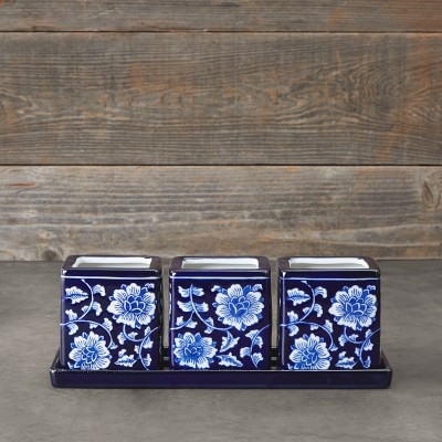 Blue & White Ceramic Herb Tray with Pots, Set of 3 - Image 1
