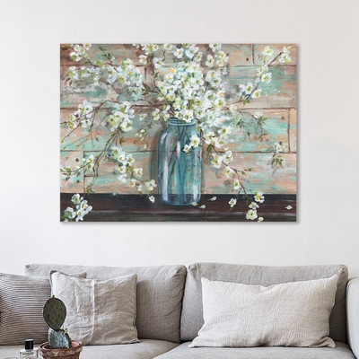 'Blossoms in Mason Jar' Painting Print on Wrapped Canvas - Image 0