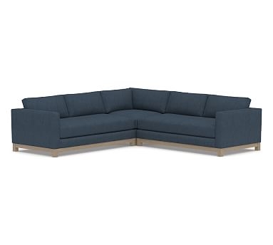 Jake Upholstered 3-Piece L-Shaped Corner Sectional 2x1, Bench Cushion, with Wood Legs, Polyester Wrapped Cushions, Performance Heathered Tweed Indigo - Image 0