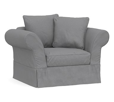 Charleston Slipcovered Chair-and-a-Half, Polyester Wrapped Cushions, Textured Twill Light Gray - Image 0