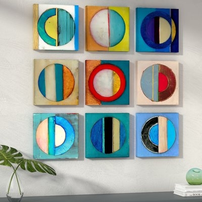 'Textured Circles Yellow and Blue' 9 Piece Canvas Wall Art Set - Image 0