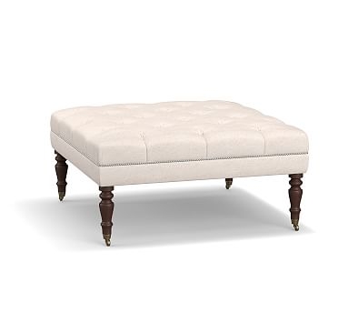 Raleigh Upholstered Tufted Square Ottoman with Turned Mahogany Legs & Bronze Nailheads, Performance Heathered Tweed Indigo - Image 1