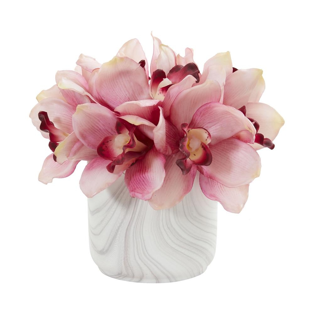 Fiddle + Bloom Indoor Cymbidium Orchid Artificial Arrangement in Marble Vase - Image 0