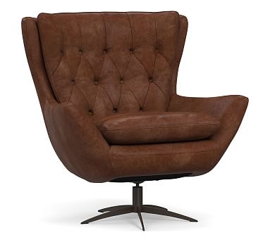 Wells Leather Swivel Armchair with Bronze Base, Polyester Wrapped Cushions, Statesville Molasses - Image 0