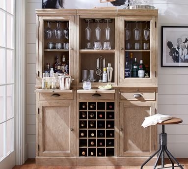 6-Piece Modular Bar Wall Unit (2 Wood Door Cabinet & 1 Wine Grid Base, 2 Glass Door & 1 Open Hutch), Seadrift - Image 3