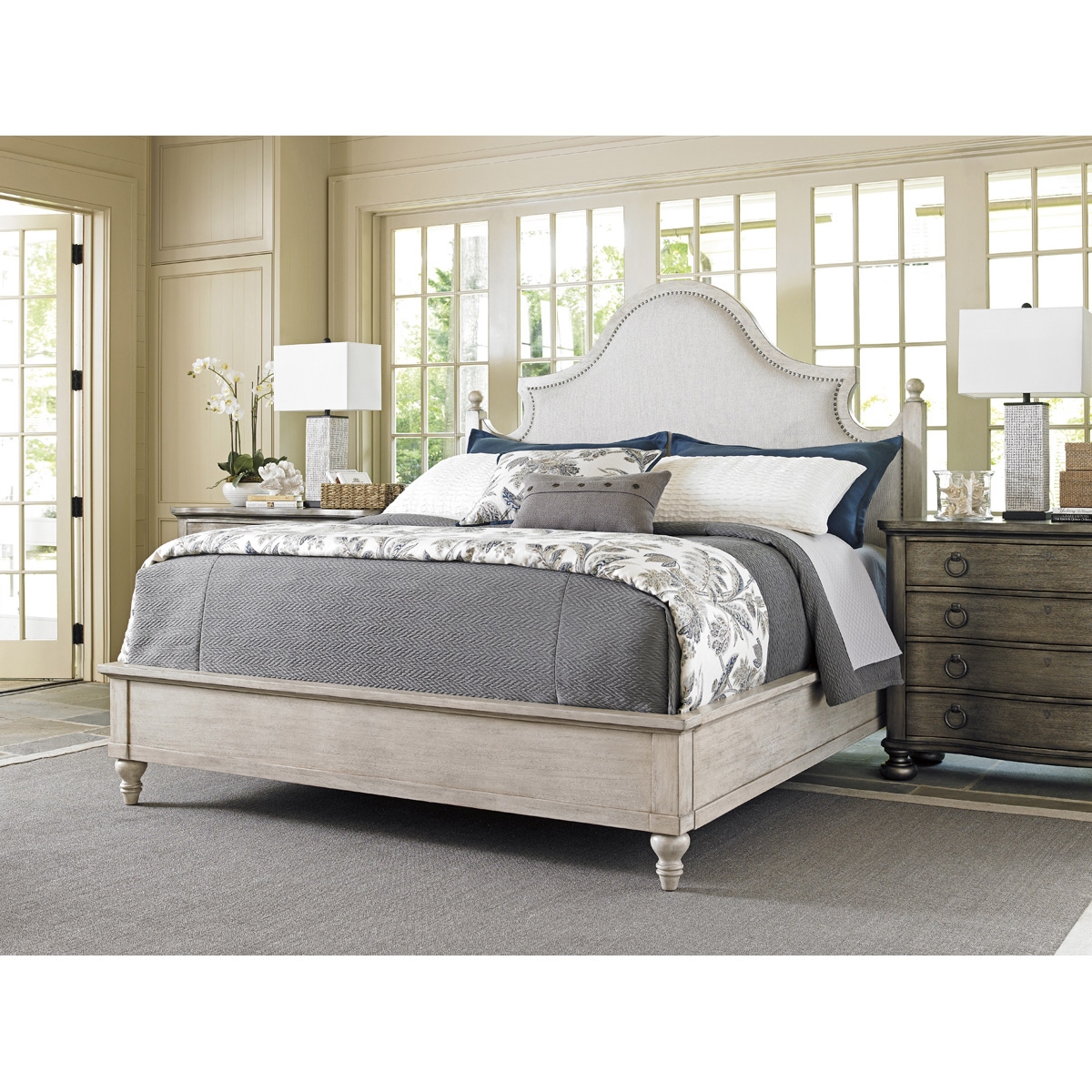 Lexington Arbor Hills French Country Grey Upholstered White Oyster Bed - King - Image 1