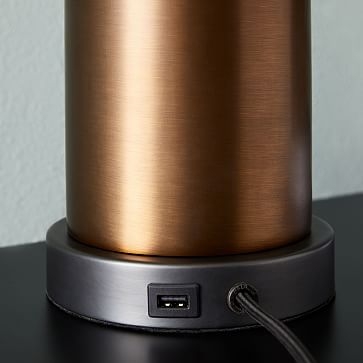 Pillar Table Lamp USB, Natural Linen, Burnished Brass - Image 3