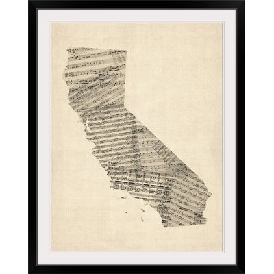 'Old Sheet Music Map of California' by Michael Tompsett Graphic Art Print - Image 0