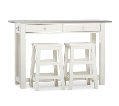 BALBOA WOOD & STAINLESS STEEL COUNTER-HEIGHT TABLE W/ 2 STOOLS, WHITE - Image 0