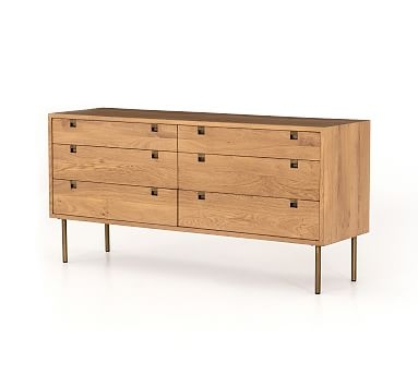 Archdale Wood 6-Drawer Wide Dresser, Natural Oak/Satin Brass - Image 0