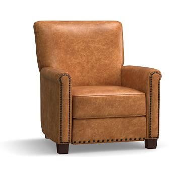 Irving Roll Arm Leather Recliner with Nailheads, Polyester Wrapped Cushions, Leather Statesville Caramel - Image 2