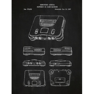 Gaming 'Nintendo 64 Game Machine' Silk Screen Print Graphic Art in Chalkboard/White Ink - Image 0