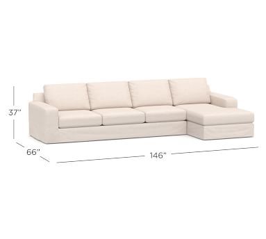 Big Sur Square Arm Slipcovered Left Arm Sofa with Chaise Sectional and Bench Cushion, Down Blend Wrapped Cushions, Sunbrella(R) Performance Herringbone Oatmeal - Image 4