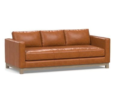 Jake Leather Sofa 95.5" with Wood Legs, Polyester Wrapped Cushions, Vintage Caramel - Image 0