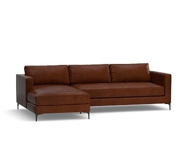 Jake Leather Right Arm Sofa with Chaise Sectional with Bronze Legs, Down Blend Wrapped Cushions, Statesville Molasses - Image 0