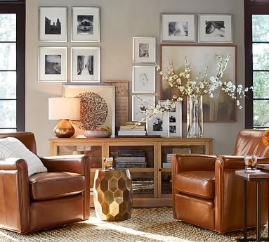 Irving Roll Arm Leather Swivel Armchair, Polyester Wrapped Cushions, Legacy Taupe - Image 1