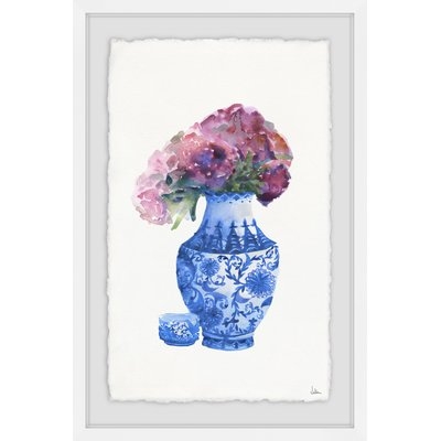 'Blue Vase and Purple Peonies' Framed Print - Image 0