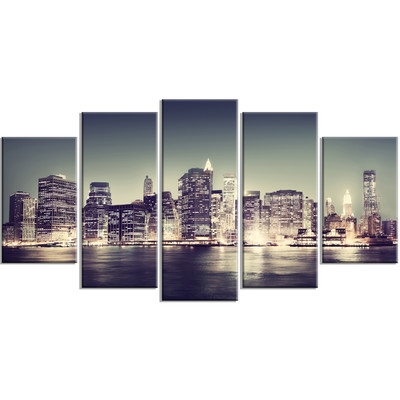 'Black and White New York City Night Panorama' 5 Piece Photographic Print on Wrapped Canvas Set - Image 0