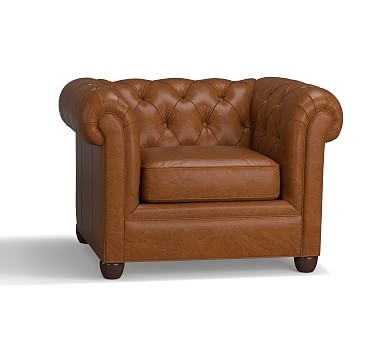 Chesterfield Leather Small Armchair 44", Polyester Wrapped Cushions, Vintage Caramel - Image 2