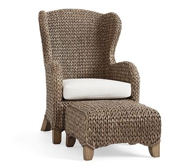 Seagrass Wingback Chair and Ottoman Set, Gray Wash - Image 0