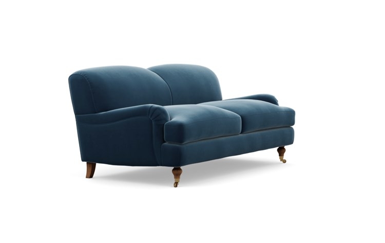 Rose by The Everygirl Sofa with Sapphire Fabric and Oiled Walnut with Brass Caster legs - Image 1