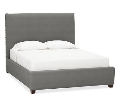 Raleigh Upholstered Square Bed with Pewter Nailheads, King, Basketweave Slub Charcoal - Image 0