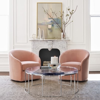 Montclair Swivel Chair, Standard Cushion, Perennials Performance Chenille Weave, Ivory, Ebony Leg - Image 1