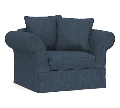 Charleston Slipcovered Chair-and-a-Half, Polyester Wrapped Cushions, Performance Heathered Tweed Indigo - Image 0