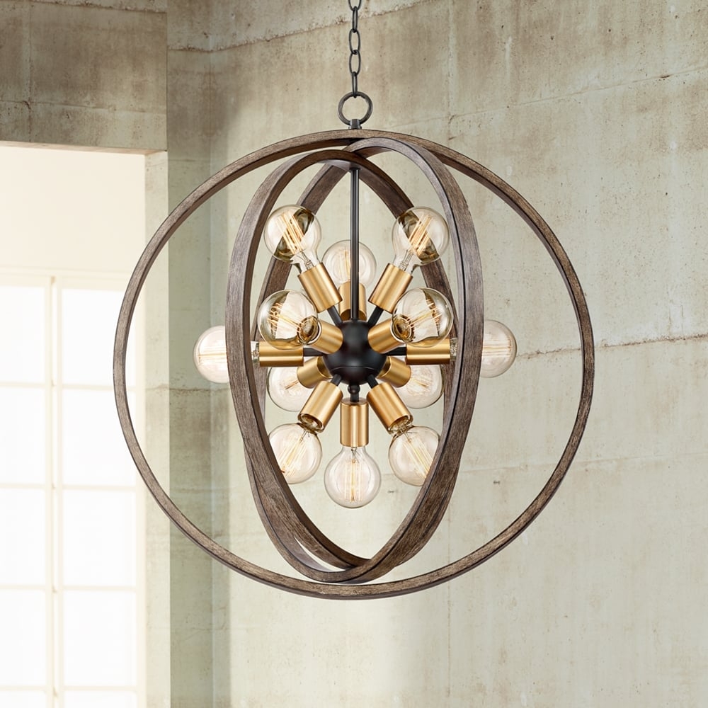 Possini Euro Stedman 25" 12-Light Gold and Wood Sputnik Orb Chandelier - Image 0