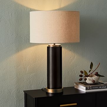 Pillar Table Lamp USB, Natural Linen, Antique Bronze - Image 0