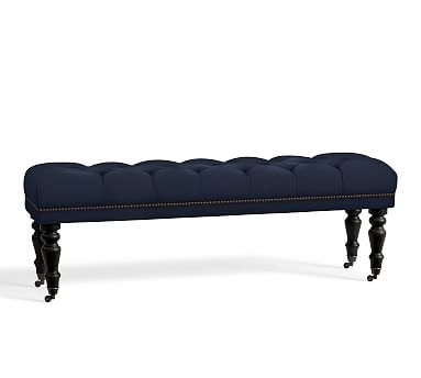 Raleigh Upholstered Queen Bench Tufted with Turned Black Leg with Bronze finished Nailhead, Polyester Wrapped Cushions, Twill Cadet Navy - Image 0