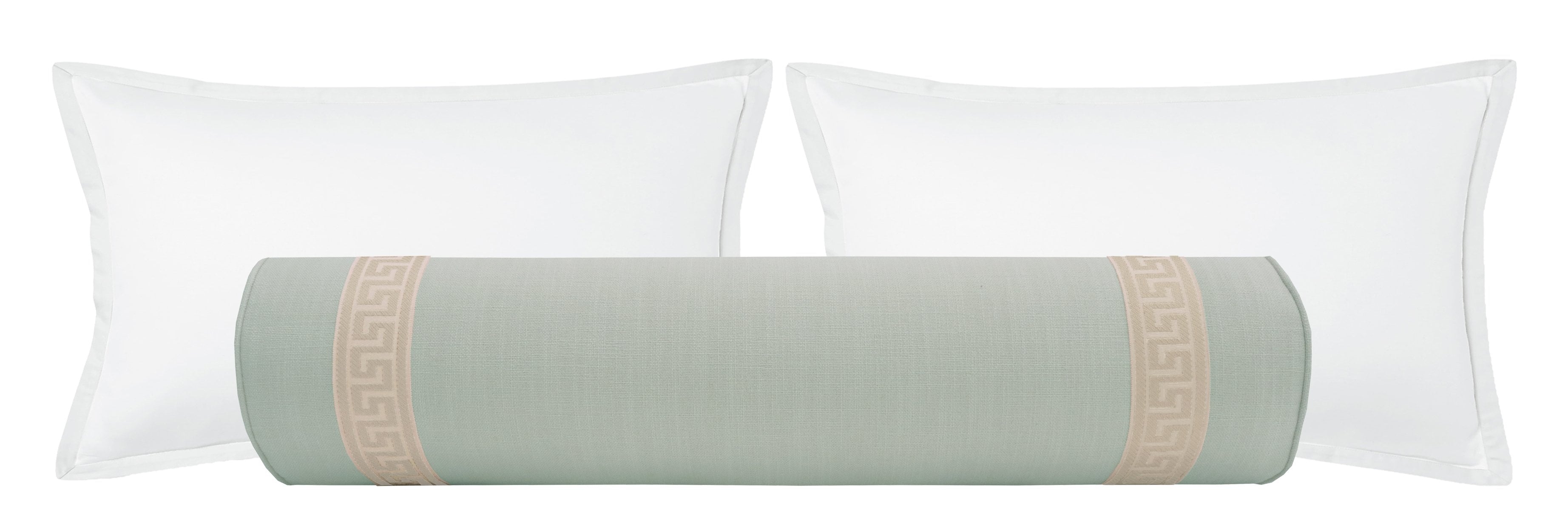 THE BOLSTER :: SIGNATURE LINEN // SPA BLUE + GREEK KEY TRIM // CASHMERE - TWIN // 9" X 24" - Image 0
