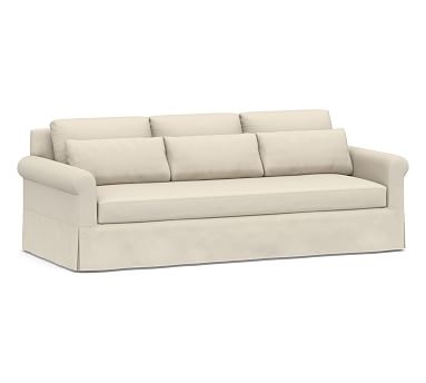York Deep Seat Roll Arm Slipcovered Grand Sofa 98" with Bench Cushion, Down Blend Wrapped Cushions, Performance Brushed Basketweave Ivory - Image 0