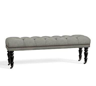 Raleigh Upholstered Tufted Queen Bench with Turned Black Legs & Bronze Nailheads, Premium Performance Basketweave Light Gray - Image 2