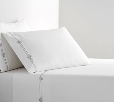 Emilia Embroidered Organic Percale Sheet Set, Queen, Sea Glass - Image 1